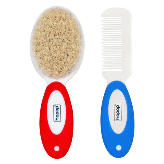 Hopop Natural Bristle Comb & Brush Set red blue