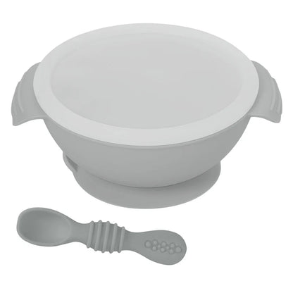 Silicone Bowl & Spoon with Suction Base & Snap on Lid- GREY