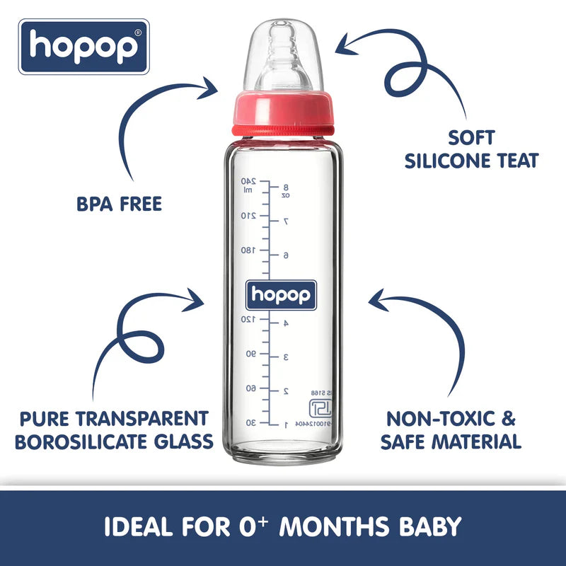 Premium Slim Neck Glass Feeding Bottle, 250ml