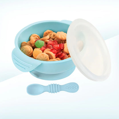 Silicone Bowl & Spoon with Suction Base & Snap on Lid- GREY