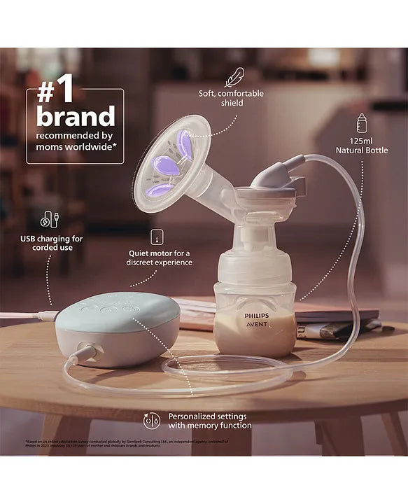 Avent Philips Portable Electric Breast Pump | No.1 Brand Recommended by Moms Worldwide | Soft adaptive Silicon Cushion | One Size Fits all | 4 + 4 Expression and Stimulation settings | Quiet Motor | USB Charging SCF323/11 - White