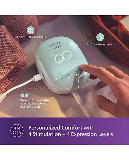 Avent Philips Portable Electric Breast Pump | No.1 Brand Recommended by Moms Worldwide | Soft adaptive Silicon Cushion | One Size Fits all | 4 + 4 Expression and Stimulation settings | Quiet Motor | USB Charging SCF323/11 - White