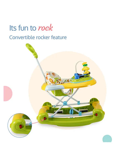 LuvLap Comfy 2-in-1 Baby Walker & Rocker, Parental Push Handle, Anti-Fall, Adjustable Height, Light, Rattle & Music Toys, Cushioned Walker (Green)