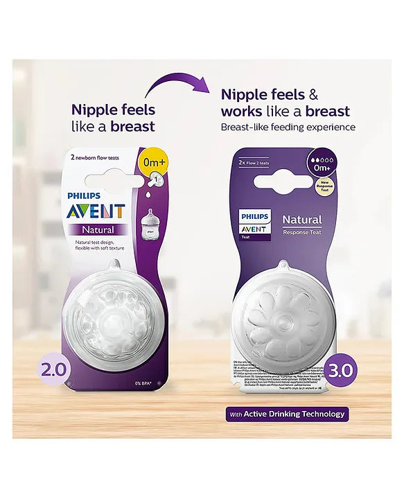 Avent Philips Natural Response Bottle Teat Baby Bottle Flow 2 Teats for Newborn Babies BPA Free - Pack of 2 0M+