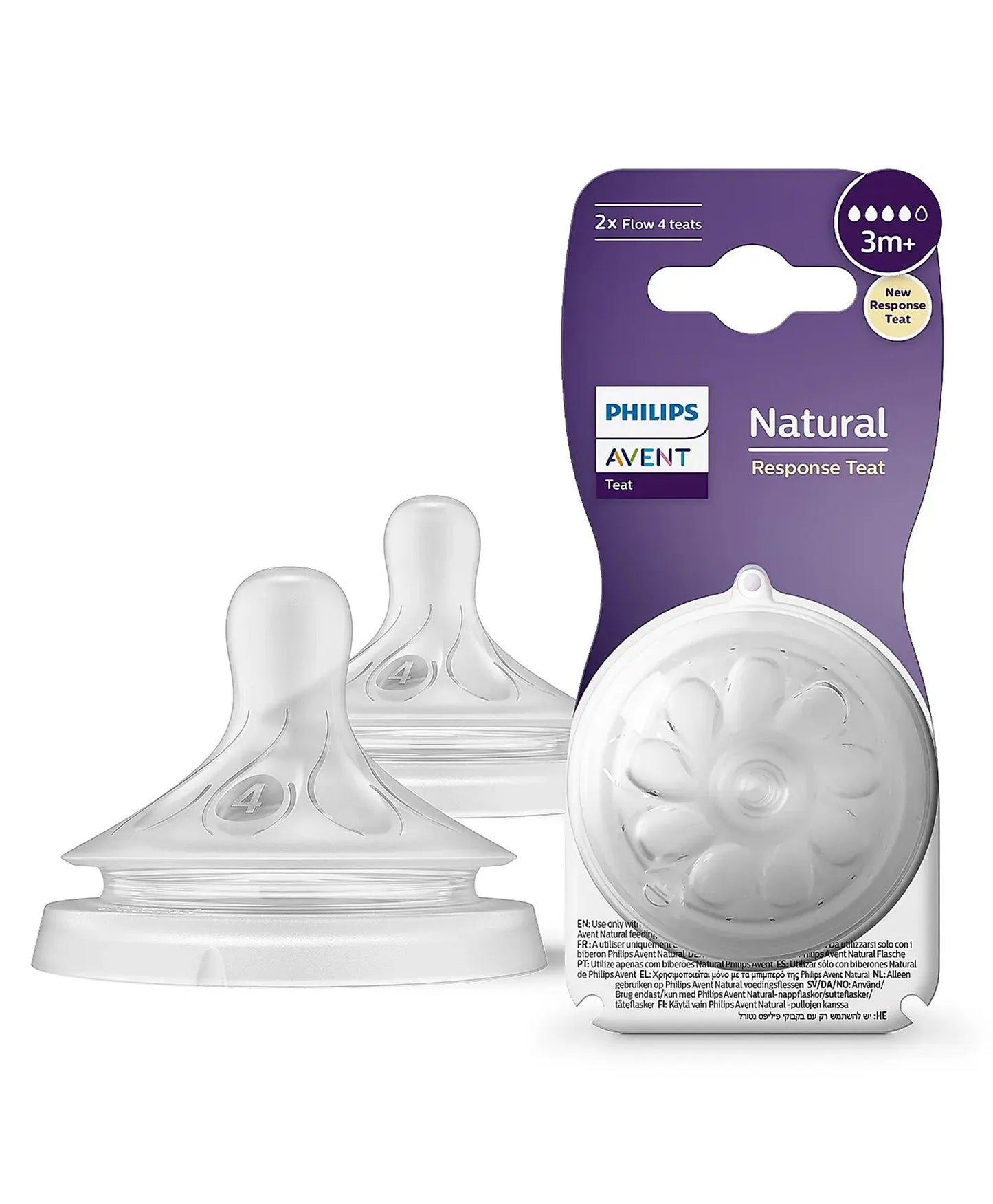 Avent Philips Natural Response Bottle Teat Baby Bottle Flow 4 Teats for Babies BPA Free - Pack of 2 3M+