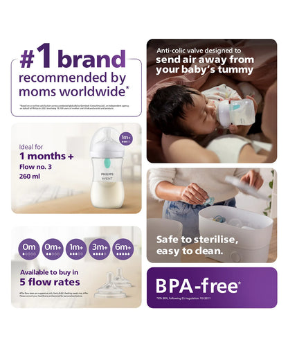 Avent Philips Natural Baby Feeding Bottle with AirFree Vent| No.1 Brand Recommended by Moms Worldwide | Ideal for 1 months+| Natural Response Technology Mimics Breastfeeding | Uniquely Designed Nipple releases milk only when baby drinks | Pack of 1 |