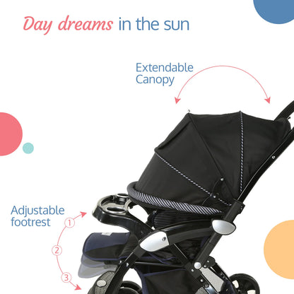 Galaxy baby stroller, Pram for baby with 5 point safety harness, Spacious Cushioned seat with Multi level seat recline, Easy Fold, Lightweight baby stroller for 0 to 3 years N.BLUE