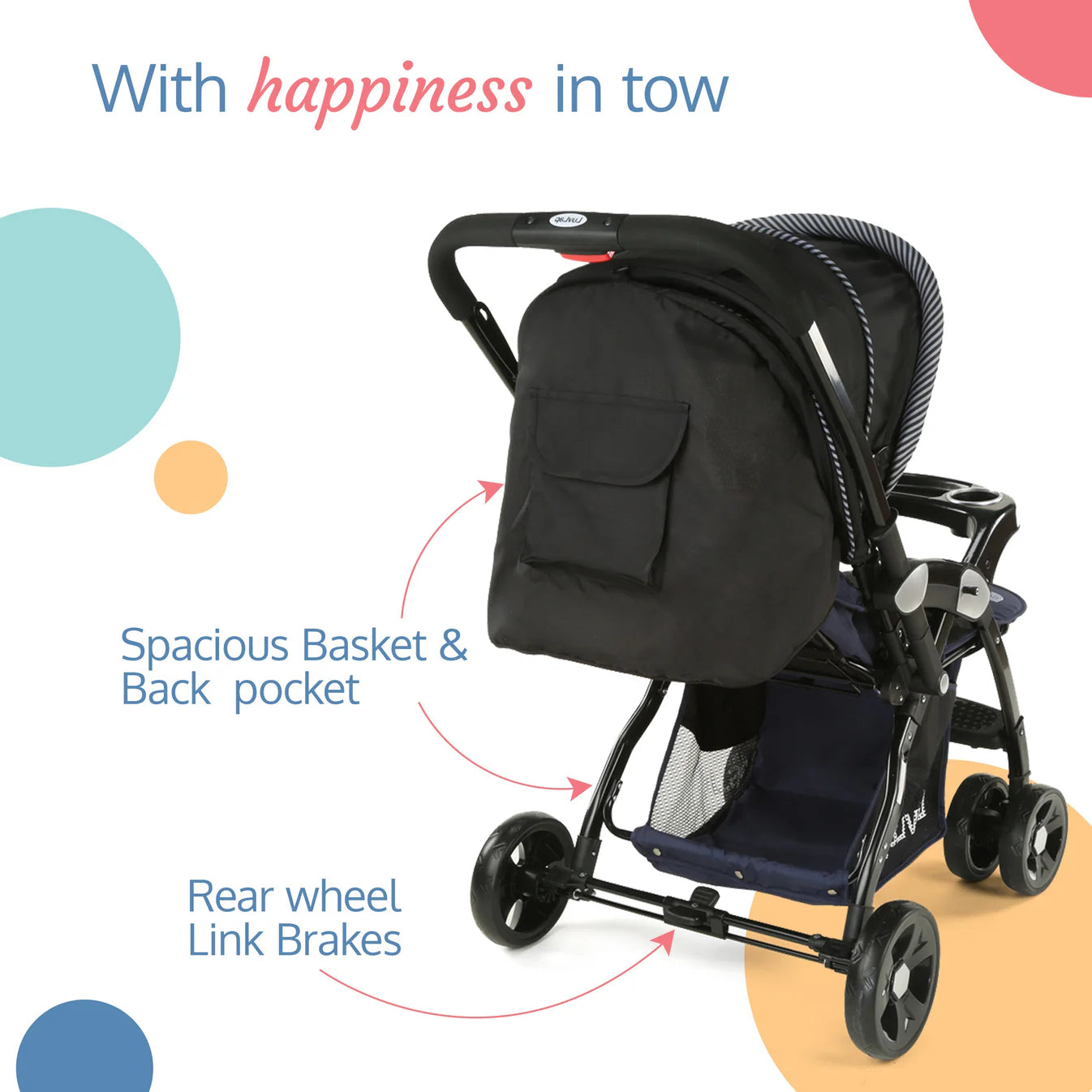 Galaxy baby stroller, Pram for baby with 5 point safety harness, Spacious Cushioned seat with Multi level seat recline, Easy Fold, Lightweight baby stroller for 0 to 3 years N.BLUE