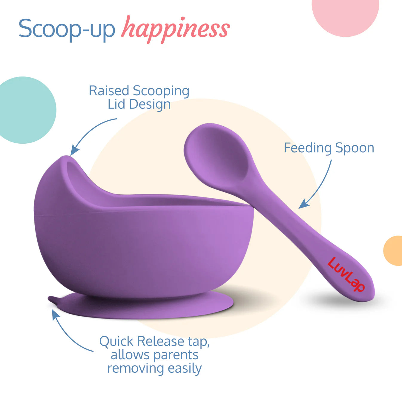 5 - in - 1 Silicone Baby Cutlery Set, Baby Feeding & weansing essentials - Divider Plate with suction base, Tumbler, Bib with crumb catcher, Food Bowl with suction base, Silicone Spoon (Purple)