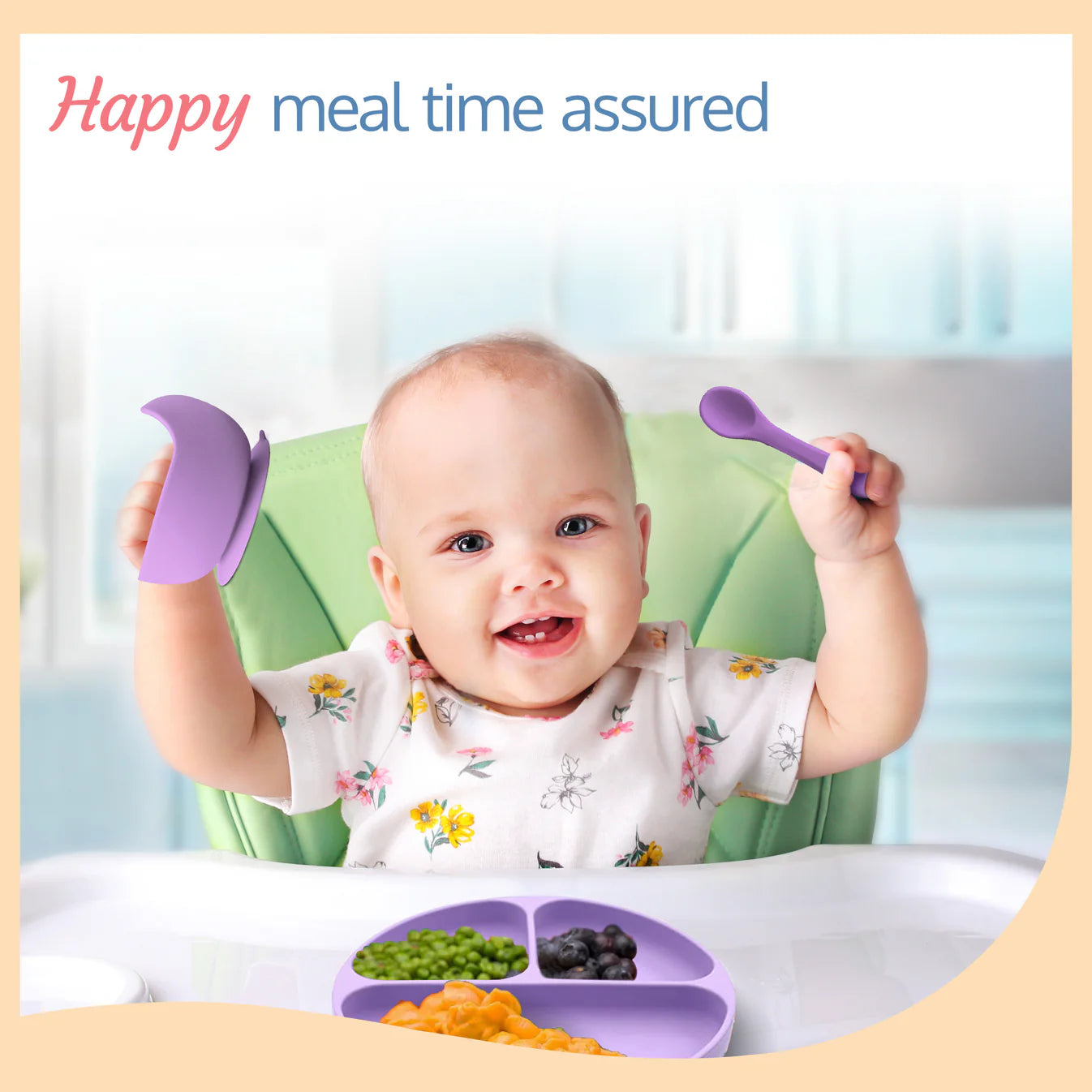 5 - in - 1 Silicone Baby Cutlery Set, Baby Feeding & weansing essentials - Divider Plate with suction base, Tumbler, Bib with crumb catcher, Food Bowl with suction base, Silicone Spoon (Purple)