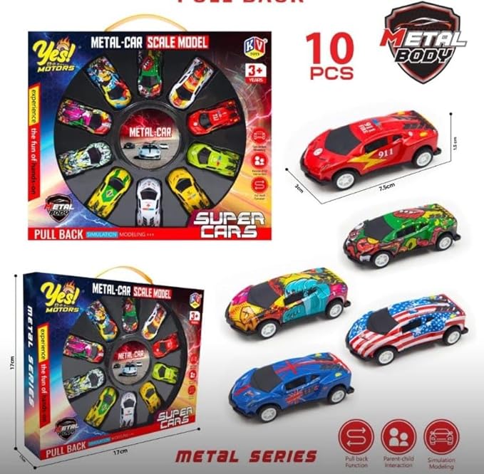 Metal Car Set – Pack of 10 Miniature Cars with Pull Back Action