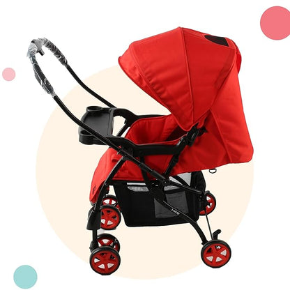 Luvlap Sunny Stroller/Pram with Reversible Handlebar, 5 Point Harness, 3 Level Recline Adjustment, Compact and Easy Fold, for Newborn Baby/Kids, 0-3 Years (Red)