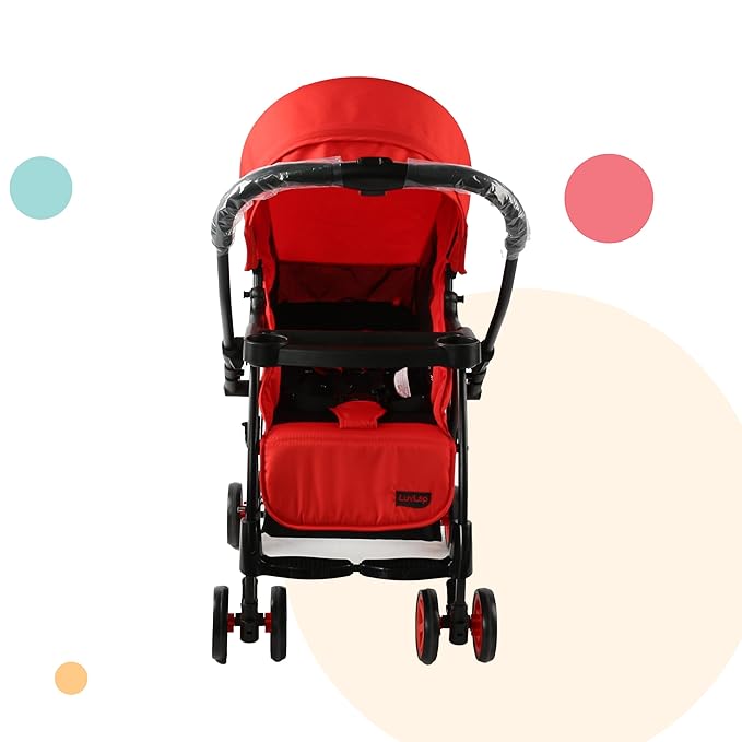 Luvlap Sunny Stroller/Pram with Reversible Handlebar, 5 Point Harness, 3 Level Recline Adjustment, Compact and Easy Fold, for Newborn Baby/Kids, 0-3 Years (Red)