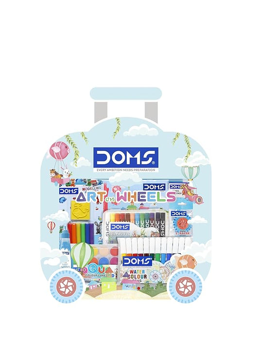 DOMS Art on Wheels Stationery Kit + 28 Shades Plastic Crayons Tin Combo