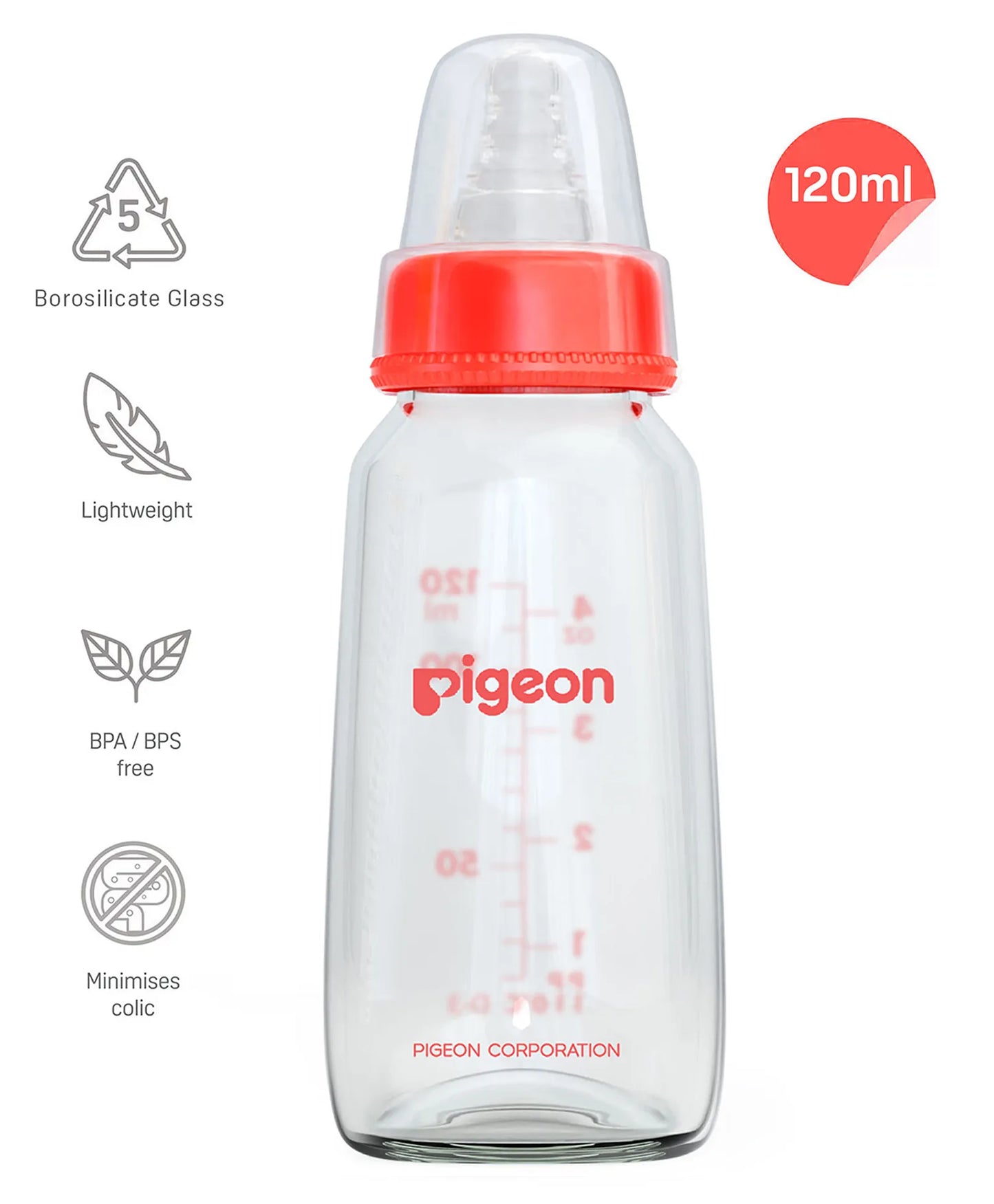 Pigeon Glass Feeding Bottle with Nipples Red - 120 ml 0+