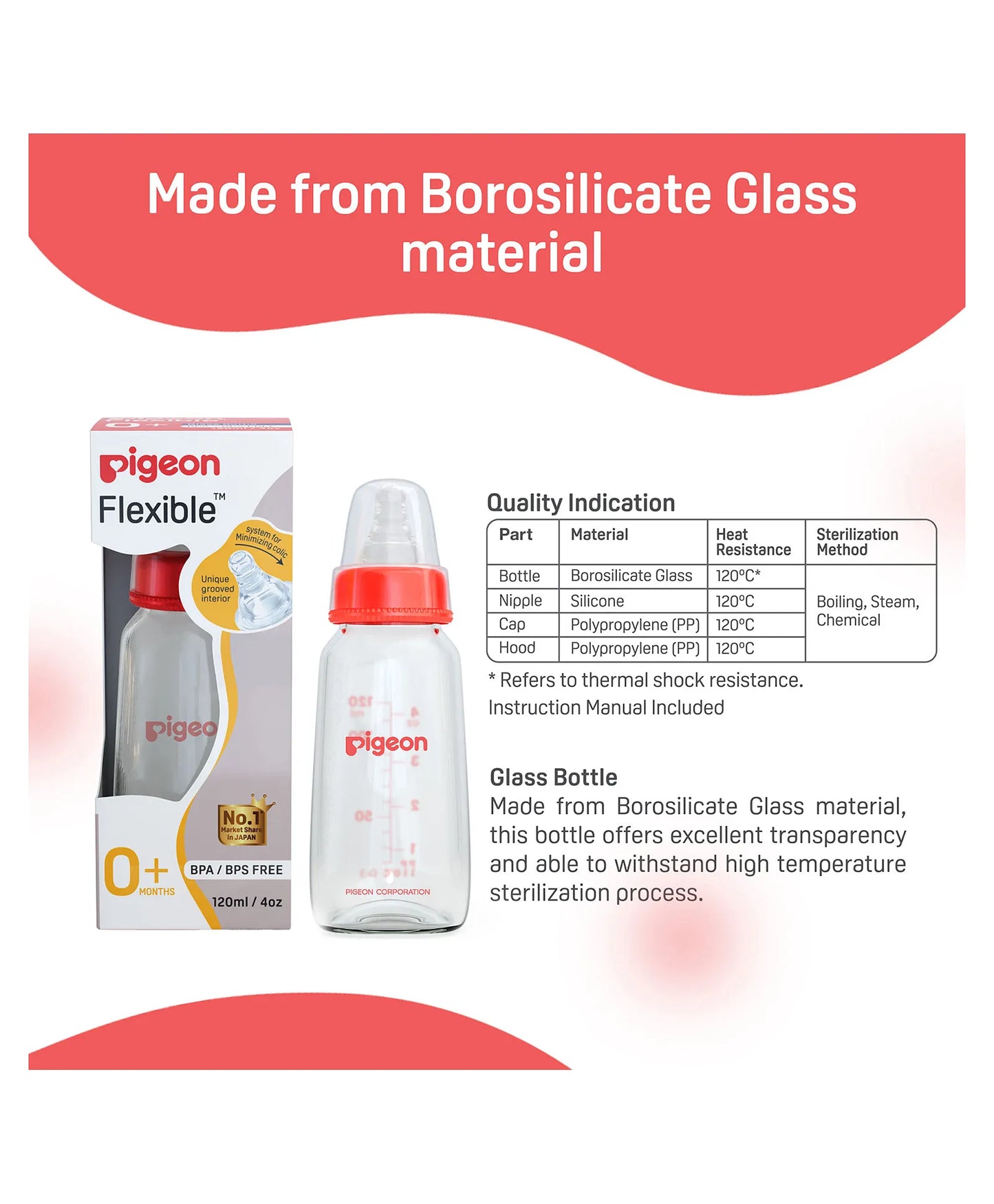 Pigeon Glass Feeding Bottle with Nipples Red - 120 ml 0+