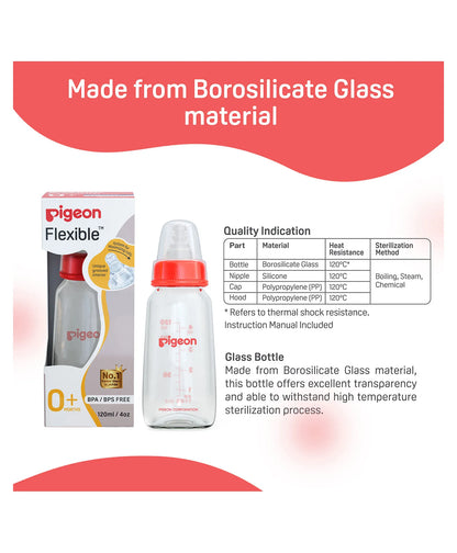 Pigeon Glass Feeding Bottle with Nipples Red - 120 ml 0+