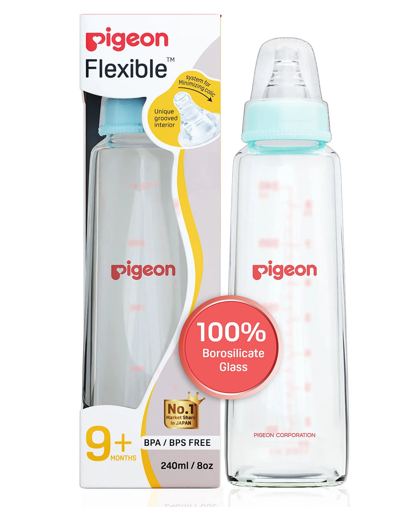 Pigeon Glass Feeding Bottle with Nipples Blue - 240 ml 9+