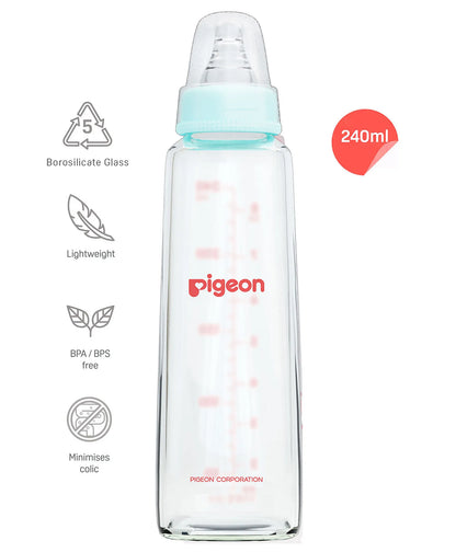 Pigeon Glass Feeding Bottle with Nipples Blue - 240 ml 9+