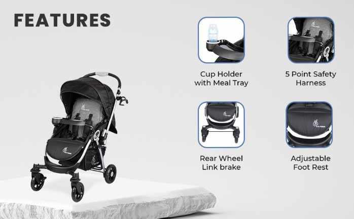 Chocolate Ride Stroller For Kids - Reversible Handle, Multiple Recline Positions, Cup Holder with Meal Tray, 5 Point Safety Harness, Storage Basket