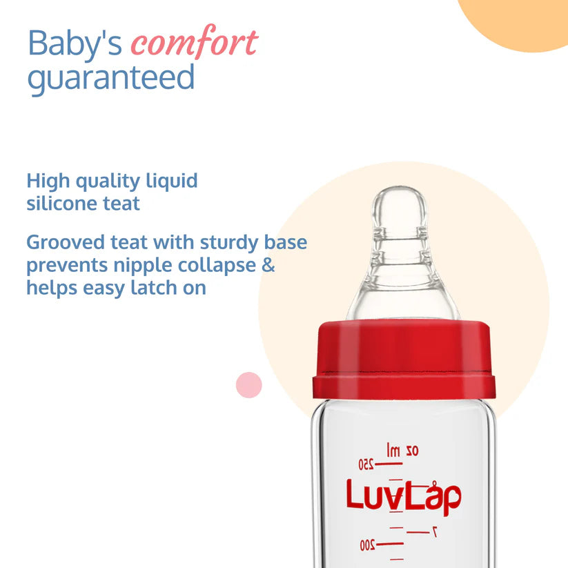 LuvLap Essential Slim Neck Glass Feeding Bottle, 250ml, 3m+, BPA Free, Ergonomic Shape, Anti-Colic Nipple, White & Red, Pack of 1 320