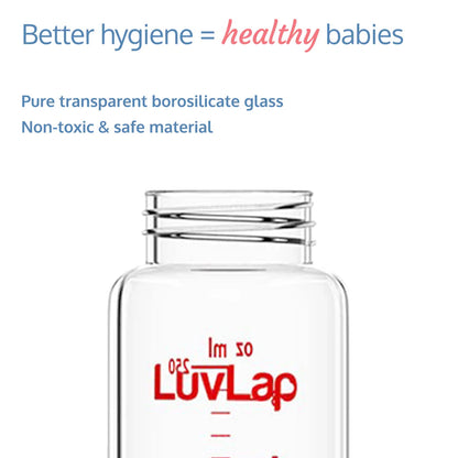 LuvLap Essential Slim Neck Glass Feeding Bottle, 250ml, 3m+, BPA Free, Ergonomic Shape, Anti-Colic Nipple, White & Red, Pack of 1 320