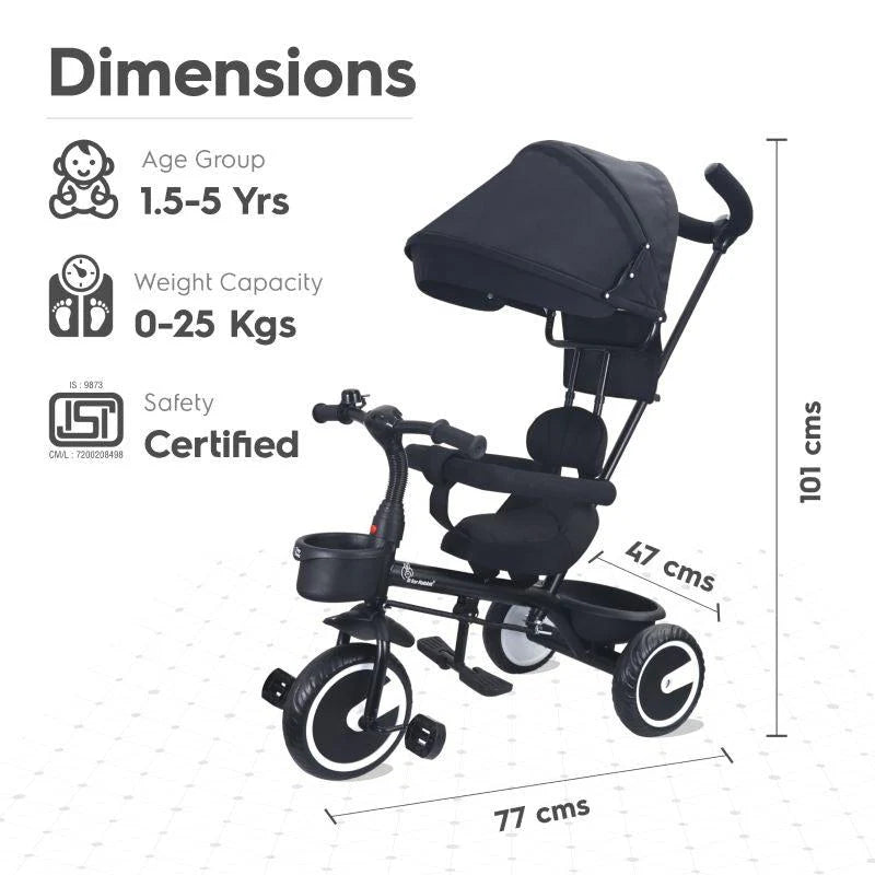 Tiny Toes T30 Ace Tricycle - 3 in 1, Adjustable Parental Control & Canopy, Front & Rear Basket