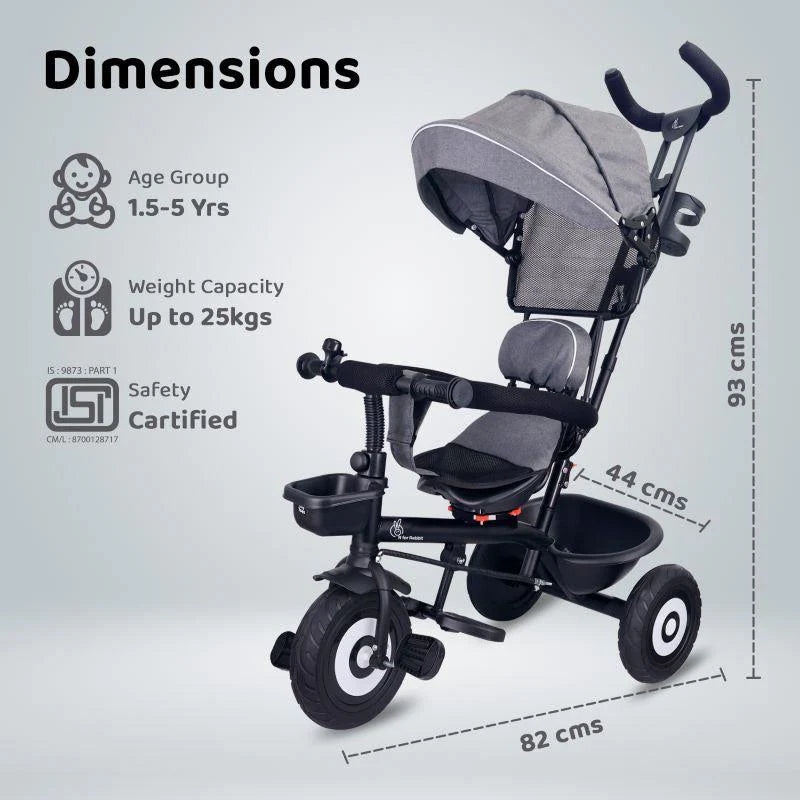 Tiny Toes T40 Plus Tricycle - Rubber Wheels, 360 Rotatable Seat, Adjustable Canopy, Parental Control, Front & Rear Baskets, 1.5-5 years