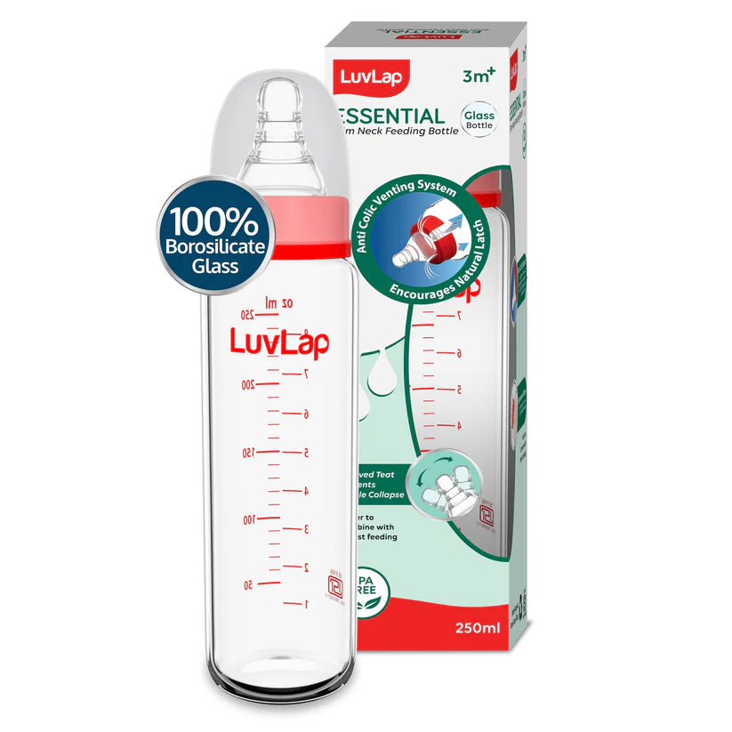 LuvLap Essential Slim Neck Glass Feeding Bottle, 250ml, 3m+, BPA Free, Ergonomic Shape, Anti-Colic Nipple, White & Red, Pack of 1 320